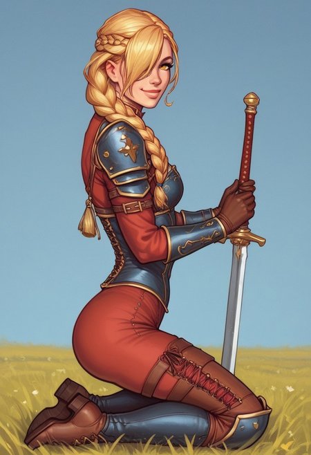 1girl, illustration, looking at viewer, highly detailed, from front,1girl, looking at viewer, highly detailed, skinny, looking at viewer, 1girl, masterpiece, best quality, ((((side view)))), Her , full body portrait, 1girl, <lora:agrias-nvwls-v3:1> agrias, armor, corset, dark red dress, brown gloves, weapon, cross-laced boots, looking at viewer, sidelocks, braided ponytail, yellow eyes, Romance, sci-fi, artificial intelligence, highly detailed
BREAK 
slight smile, looking at viewer, 
BREAK 
long hair, blonde hair, hair over one eye, big hair, 
BREAK 
best quality, depth of field, bokeh, (((full clothed)))  (best quality, high detail), ((masterpiece)), ((ready to fight, holdind big sword in hands)), <lora:1_ino_20e:1>
BREAK 
((((((field, mill)))))) score_9, score_8_up, score_7_up, score_6_up, source_cartoon, rating_explicit, Expressiveh, (((((full body))))), dynamic pose