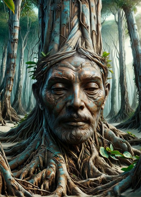 A tangle of ais-trnshd roots forming the shape of an ancient, wise face, emerging from ground in a mangrove <lora:ais-trnshd-sdxl:1>