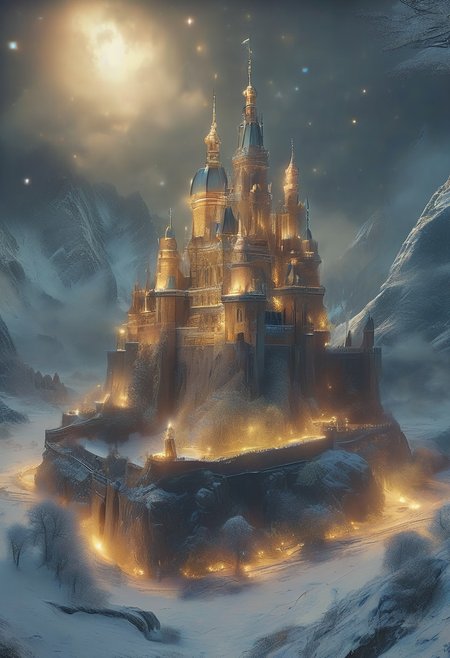 high quality, 8K Ultra HD, highly realistic, The comfortable yet fortified castle with lights in the windows stands tall upon an icy mountain.  Embark on an enchanting 8K photorealistic journey as a magnificent castle sails stands atop a vast mountain at night..  Mists appear around the mountain, infusing the scene with a sense of magical wonder, by VelvetS, octane render, Isometric, 
<lora:DonM3t3rn1tyXL-v1.1:0.7>, DonM3t3rn1tyXL,
OverallDetailXL  <lora:MJ52:0.3>  <lora:SDXLFaeTastic2400:0.4>