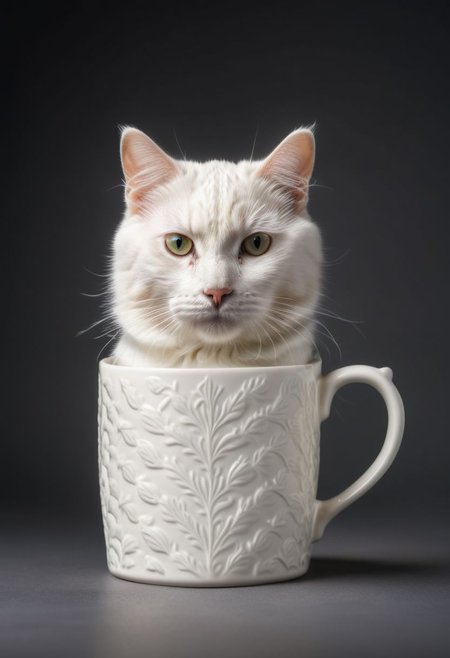 A white cat holding a mug, pattern mug, detailed mug, simple background, 8k, hd