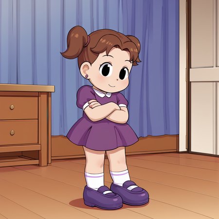 indoors,  <lora:DeniseV2:1> denisetdm, 1girl, solo, black eyes, reddish-brown hair, twintails, short twintails, jewelry, earrings, dress, purple dress, short sleeves, whit socks, shoes, purple footwear