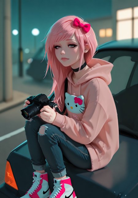 embedding:IllusP0s, g00se, angled bangs, long hair, eyelashes, eyeliner, choker, bow in hair, baggie hoodie, hello kitty logo, holding camera, looking at viewer, outdoors, night, 1girl, solo, high top sneakers, nike sneakers, skinny jeans, sitting on car, parking lot, embedding:IllustriousQual, embedding:Smooth Quality,<lora:scenequ33n_ill.safetensors:1.0:1.0> <lora:g00se_v2_ill.safetensors:0.9:0.9>