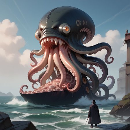 (score_9), (score_8_up), (score_7_up), (score_6_up), (score_5_up), (score_4_up), Gritty, noir, anime, Bright, (Cell Shading), (masterpiece), create the sea monster known as the kraken in a steampunk style, the kraken takes the shape of an octopus with a giant gaping maw with razor-sharp teeth