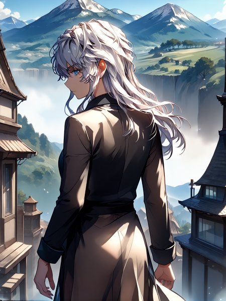 <lora:Icarus:1>
white hair, long hair, loose hair, blue eyes, <lora:!action-sdxl-V0.5:1>
score_9, score_8_up, score_7_up, source anime, BREAK,  1girl, black dress, black sleeves, see-through sarong, cowboy shot, (from side), looking back, looking at viewer, overlooking mountain, high altitude, scenery, exterior,  background, (solo), neutral expression, perfect hands,  <lora:light:1> <lora:Eyes_High_Definition:1>