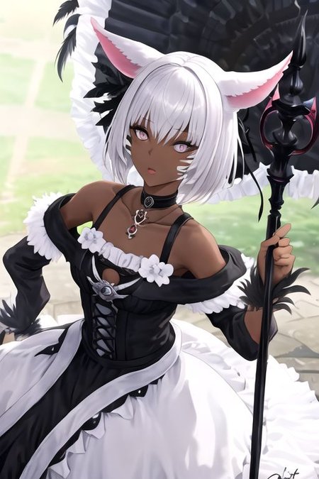 solo, 1girl, solo_focus, (((masterpiece))), ((best quality)), ((ultra-detailed)), ((too_many)):16, high resolution, absurdres, highres, ultra-detailed 8k unity wallpaper, 
FFXIV Trailer CG, 1girl, solo, short hair, hair ornament, dress, animal ears, cleavage, jewelry, upper body, white hair, parted lips, choker, cat ears, signature, dark skin, blurry, black dress, dark-skinned female, lips, grey eyes, fur trim, blurry background, black choker, facial mark, feathers, looking up, slit pupils, staff, brooch, holding staff, feather hair ornament, whisker markings, miqo'te, fur-trimmed dress, Y'shtola Rhul