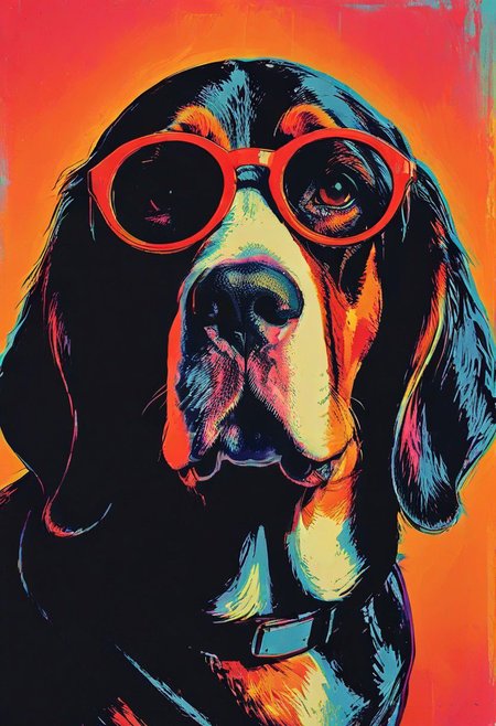 impactful color paint of, a Basset Hound, wearing dark sunglasses, highly detailed, vibrant colors , 8k, sharp, professional, clear, high contrast, high saturated, , vivid deep blacks, crystal clear