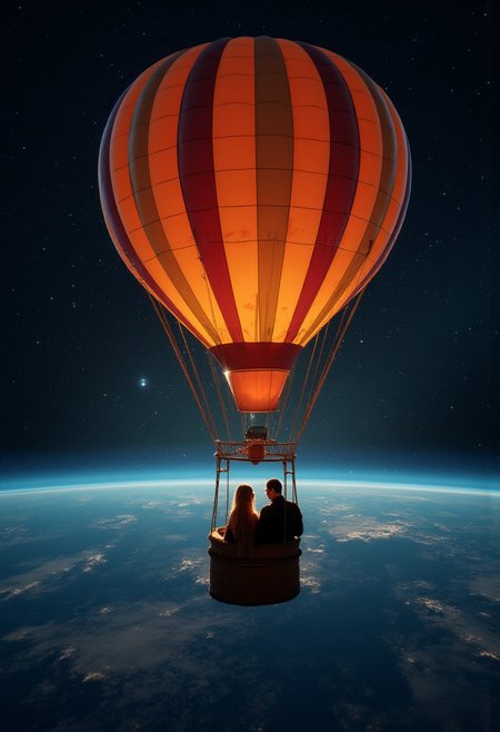 A picture of a man and a woman, romantically inside the basket of a hot air balloon. The hot air balloon is floating through space. In the distance below is the surface of the Earth. In the background is space, dark with many stars.