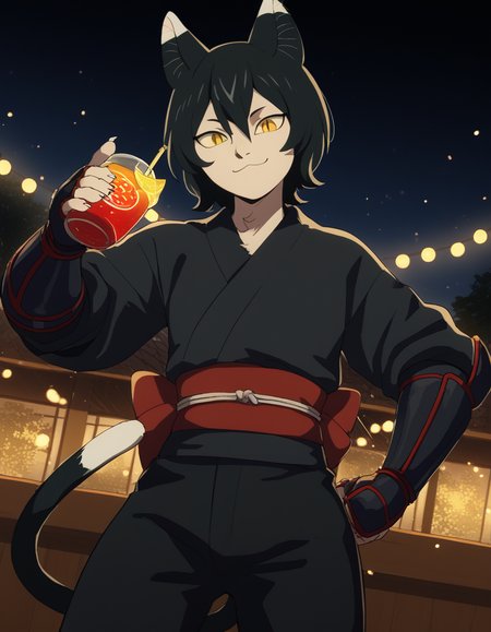 score_9, score_8_up, score_7_up, source_anime, <lora:izutsumi-s1-ponyxl-lora-nochekaiser:1>, izutsumi, black hair, animal ears, tail, yellow eyes, cat ears, cat tail, cat girl, slit pupils,, japanese clothes, gauntlets, ninja, black shirt, black pants,, nightclub, lights, music, dance, drinks, smile, <lora:seductive-smile-ponyxl-lora-nochekaiser:1>, seductive smile, come hither, naughty face,, looking at viewer, solo,, dutch angle, cowboy shot