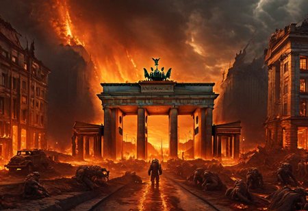 hyperdetailed photo, Cinematic, photo, berlin, brandenburger gate, atomic apocalyps, in hell, fire, lava, smoke,  monsters are crawling out of the ground, creatures on the ground, borken houses, broken streets, HellAI, dramatic, apocalyptic scenery , demonic,