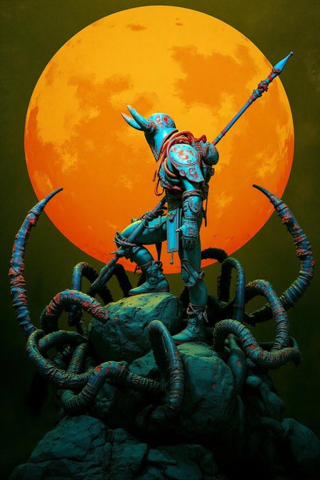 pascalblanche1 illustration. 
A scene with a large orange moon in the background. A warrior, shown in side profile, in intricate blue and red armor and a horned helmet stands on a rocky surface, holding a long spear. Surrounding him are multiple tentacle-like appendages from a larger creature. <lora:pascalblanche1_cap_d8a4:1.0><lora:860253058485988133:0>