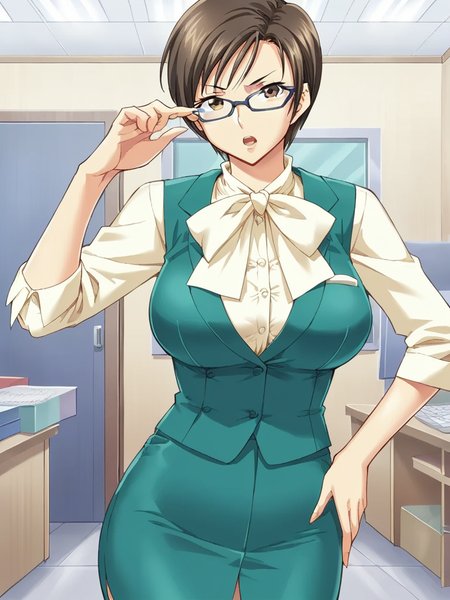 score_9, score_8_up, score_7_up,  
1girl, toyohara hitomi, short hair, brown hair, large breasts, brown eyes,
glasses,
standing, solo, office, frown, open mouth, looking at viewer, adjusting eyewear, hand on hip,
office lady, green vest, green skirt, white shirt, long sleeves, neck ruffle, 
