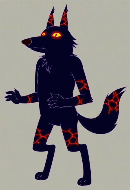 score_9, score_8_up, score_7_up, score_6_up, score_5_up, score_4_up, high quality, hires, 2d (artwork), 2d, cartoon style, ((((solo)))), (Fire Wolf \(Adventure Time\), wolf, ((orange red cracks on wolf body)), ((volcanic rock like body with cracks, canine torso)), pawhands, anthro, ((((Very dark violet lines))), red pupils, standing upright, ((bipedal)), wolf tail,((( Very dark violet lower lip, )))), Very dark blue black fur, (((anthro))), anthrofied, (((7 teeth))), Very dark blue black body, elemental creature, fire creature, ((nude)), yellow eyes, ((Glowing eyes)), tail, detailed fingers, hands down, ((3 toes)), 4 fingers), background