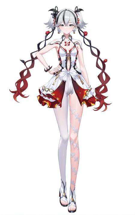 score_9, score_8_up, score_7_up, score_anime, 
A full-body portrait of a young girl, standing gracefully, pastel art style, high-key lighting, shoujo manga influence, hd quality, delicate details, 
full body, full shot, standing, looking at viewer, (solo:1.2), simple background, white background, hand on own hip, 
BREAK
<lora:chun-pony-Tanger-000018:0.8>, chun, white chun-def dress, 1girl, red floral tattoo on chest, breasts, twintails, multicolored hair, grey hair, grey eyes, dress, white single pantyhose, 
cowboy shot, 
BREAK
TEST, masterpiece, best quality,