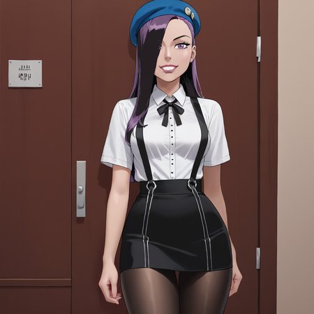 <lora:Vampblade_pony_v1:1>Katie, 1girl, long hair, hair over one eye, black hair, medium breasts,  makeup, purple eyes, cowboy shot,  <lora:0902 Home wear 5_v1_pony:1> ruanyi0902,beret,black ribbon,collared shirt,black pantyhose,high-waist skirt,white shirt,suspenders