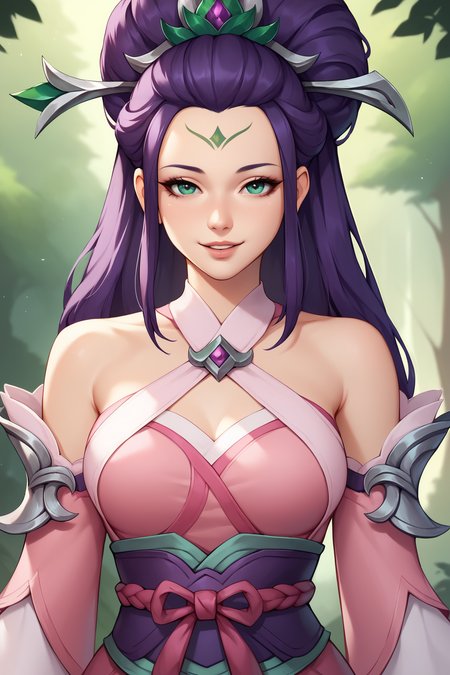 score_9, score_8_up, score_7_up, score_6_up, BREAK, JannaSSPXL, green eyes, purple hair, long hair, hair ornament, forehead, medium breasts, bare shoulders, pink dress, detached sleeves, long sleeves, purple sash, pink ribbon, solo, front view, (portrait, upper body), solo focus, seductive smile, looking at viewer, forest, tree  <lora:JannaSSPXL:0.8>