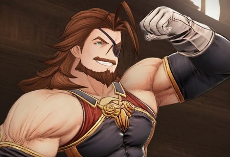 masterpiece, best quality, newest, extreme detail description, amazing quality, muscular male, gbrl, black outlines, sunny lighting, 1boy, solo, 1boy, EugenGF, medium hair, brown hair, green eyes, eyepatch, beard, mustache, mature male, muscular, bare shoulders, black cuirass, gold accents, detached sleeves, white gloves,, confident, grin, flexing one arm, huge bicep, cocky smile, (muscular chest) muscular bodybuilder, veiny biceps, giant male, tall male, (huge defined triceps:1.3), indoor, in a bar, looking at arm, (close up view of arm:1.1)