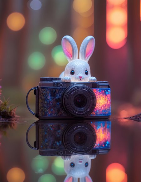 (roll camera on long axis:1.9,) dynamic skewed camera angle, a (transparent:1.2) [:statue:30] cute bunny of <lora:Bio-Luminescence:0.5> in a bioluminescent forest full of life, (bokeh:1.4), reflections off ponds,  <lora:ral-colorswirl:1> ral-colorswirl with vivid saturated colors,  Chiaroscuro , <lora:Radiant_Darkness:1> Radiant Darkness,