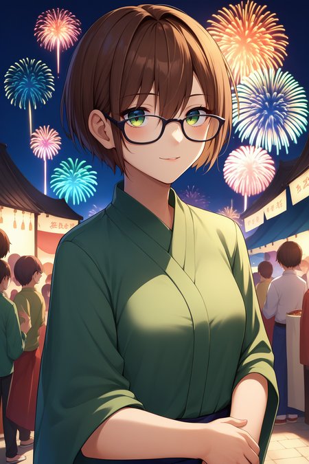 score_9, score_8_up, 1girl,,  <lora:zs_TomokoXL:1> tomokosh, short hair, brown hair, glasses, green kimono, festival, fireworks, crowd, looking at the viewer