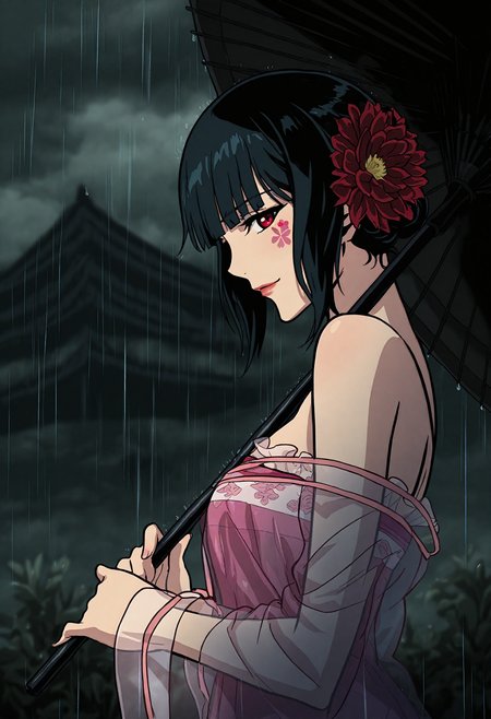 r3dl1n3, <lora:RedlineILXL:0.8>,
el3gymaster, <lora:æå§¬Rç»é£è§¦åè¯el3gymaster:0.8>,
ghostblade, jade \(ghostblade\), 1girl, architecture, black hair, building, chinese clothes, close-up, east asian architecture, eyelashes, hanfu, looking at viewer, oil-paper umbrella, outdoors, profile, rain, red eyes, red lips, see-through clothes, short hair, solo, standing, tattoo, umbrella, from side, rainbow, holding, long sleeves, flower, cloudy sky, holding umbrella, wide sleeves, closed mouth, blunt bangs, night sky, sidelocks, cloud, see-through shirt, red flower, bare shoulders, hair ornament, blurry, sky, night, facial tattoo, off shoulder, depth of field, upper body, light smile, lens flare, blurry background
,masterpiece,best quality,amazing quality,very aesthetic,