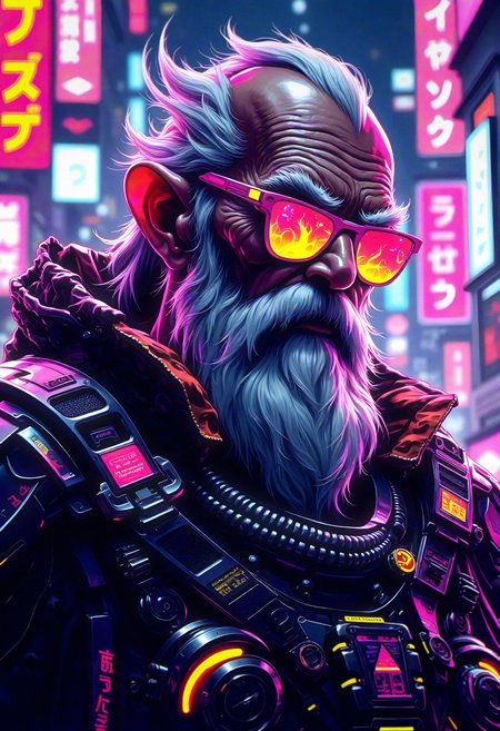 bo-cpposter, digital Illustration, cyberpunk poster,  Futuristic cyberpunk portrait of an elderly warrior with a thick white beard, wearing sleek, reflective sunglasses that filter neon lights. His rugged face, marked by age and experience, is illuminated by vibrant magenta and electric yellow hues, creating a strong contrast. The background features blurred cityscape elements with Japanese text and digital advertisements, enhancing the high-tech aesthetic. His armor is intricately detailed, combining organic shapes with mechanical features, reflecting a seamless blend of humanity and technology in a hyperrealistic style. The atmosphere is intense, evoking a sense of mystery and resilience against a bustling urban backdrop., <lora:FLUX Cyberpunk Poster\FLUX Cyberpunk Poster_epoch_5.safetensors:1.0:1.0>