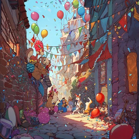 score_9, score_8_up, score_7_up,  fluffy_new_year, multiple rats wearing various party hats, new years eve party, balloons, confetti, alley background