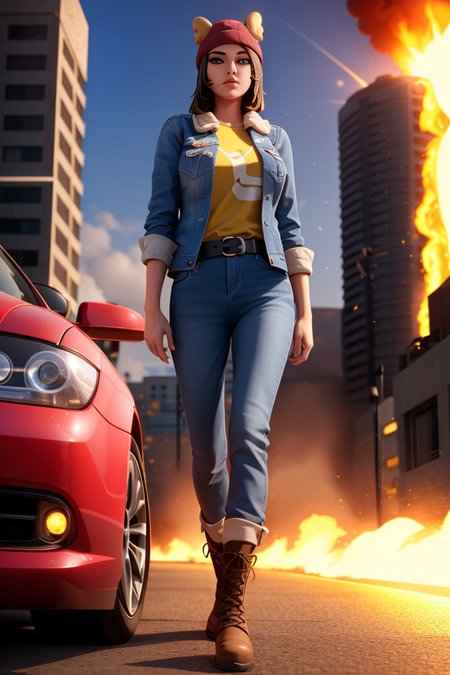 (realistic:1.5), <lora:Skye_75Koto_DB:0.5>, 1girl,  xyzskye, 3d, render, red_headwear, red beanie, serious look, lips, (big eyes), looking away,  brown hair, beautiful face, blue eyes, octane render, walking, yellow shirt, jacket, holster, boots, sidearm, black_legwear, pants, belt, explosion in the background, nuclear explosion, nuke, fire, city, car, holding a grenade