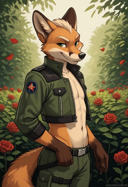 score_9, score_8_up, score_7_up, score_6_up, score_5_up, score_4_up, by kenket, best quality, highly detailed, ((seductive)), intricate details, male, outside, (romantic garden), roses, extremely detailed, smooth body, smooth lines, zaush style art, solo, 1furry, 1boy, (femboy fox McCloud, young), two toned fur, anthro, 1boy, cropped jacket, sly fox, sexy pose, seductive, cute midriff, navel, side view