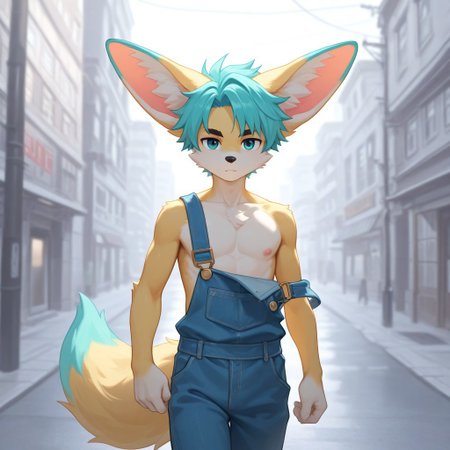(score_9, score_8_up, score_7_up, HD, extremely detailed, best quality, beautiful quality, detailed background, intricate details, great lighting), BREAK, (1boy, anthro male fennec, slender build, petite size, athletic, smooth fur, orange fur, white fur on the muzzle and chest, black eyebrows, turquoise hair tuft, (big ears with turquoise tips, bright turquoise ear tips, vivid turquoise ear markings), long bushy tail with turquoise tip), BREAK, (in overalls with an attached suspender), BREAK, (walking down the street with a coffee in hand), BREAK, (in a street with pedestrians)