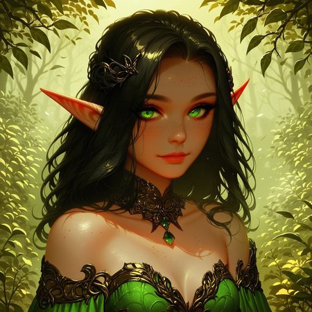 safe_pos, score_9, score_8_up, score_7_up, score_6_up, score_5_up, score_4_up, ((good shadows, good lighting)), (emerald eyes,  EyesHD), dark eyes, elf_woman, Caucasian, light freckles, ((black hair, black hair, 25 years old, light smile, inquisitive, beautiful face, beautiful figure, (mature))),
(Wearing a fantasy ball gown, (dark green ball gown), forest green, gold detailing, strapless dress,) small breasts, off shoulders dress, (stone courtyard with garden)
