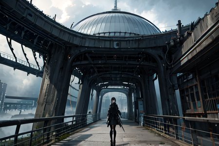 highly insanely detailed, masterpiece, top quality, best quality, highres, 4k, 8k, RAW photo, (very aesthetic, beautiful and aesthetic),  
tsutomu nihei,nihei_tsutomu,blame!,blame gakuen!,abara,TNstyle,sidonia_no_kishi,dark sky,black sky,drainpipe,tentacles,bridge,walkway,dome,fence,bones,concrete walls,metal walls,smoke,mist,fog,buildings,cables,tubes,industrial pipes,light particles,clouds, 
<lora:ABARA:0>, 
(1girl:1.3), 
solo focus, 
a colorful background,(multicolored background),âââ
