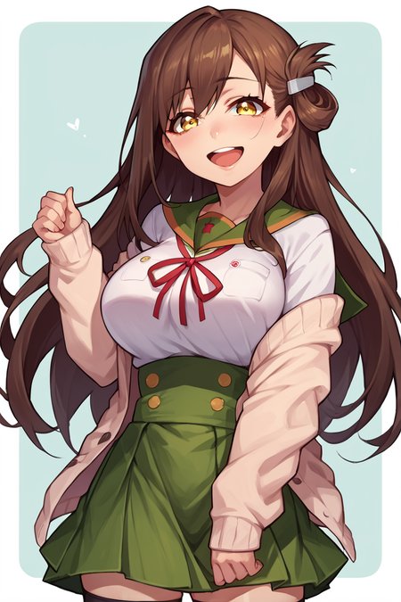 score_9, score_8_up, score_7_up, source_anime BREAK 1girl, solo, <lora:gakkou_yuri:0.9>, gakkou_yuri, school uniform, cardigan, green sailor collar, green skirt, large breasts, black thighhighs, brown hair, long hair, folded hair, hair ornament, yellow eyes, looking at you, smile, open mouth