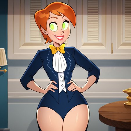 score_9, score_8_up, score_7_up, 1girl, Wren, orange hair, short hair, green eyes, lipstick, medium breasts, narrow waist, wide hips, looking at viewer, smile, hands on own hips, highres, high quality, masterpiece, <lora:Wren_Trilinquist:1>
