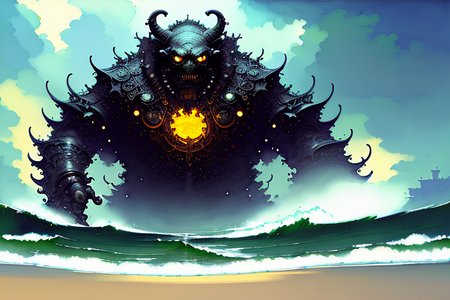 a painting of a  huge  monster ,rising from the ocean, dark, high detail, creepy, terror , ominous, art by onche_ondulay