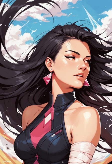 score_9, score_8_up, score_7_up, 
best quality, amazing quality, highres, (realistic:0.1), 
1girl, 
looking afar, 
halterneck, black halterneck, breasts, medium breasts, bare shoulders, 
black gloves, partially fingerless gloves, bandaged_hands, 
long hair, black hair, (adjusting hair:0.8), 
wind, dawn, solo, parted lips, upper body, 
jewelry, earrings, triangle earrings, 
sharp lines,