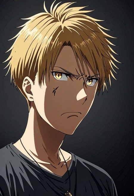 high resolution, solo, best quality, 1Boy, Yamato Ishida, Blond Hair, Necklace, potrait, dark shirt, looking at viewer, focused gaze forward, simple background, straight body, upper body, head upright, anger, OverallDetail