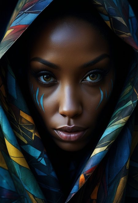 Close-up face, mysterious silhouette of an exotic coloured woman in worn down cape, goddess, alluring, by Minjae Lee, Carne Griffiths, Emily Kell, Steve McCurry, Geoffroy Thoorens, Aaron Horkey, Jordan Grimmer, Greg Rutkowski, amazing depth, double exposure, surreal, geometric patterns, intricately detailed, bokeh,  perfect balanced, deep fine borders, artistic photorealism , smooth,  great masterwork by Suiras  <lora:add-detail-xl:2>  <lora:Double_Exposure:0.5>