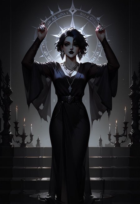 score_9, score_8_up, highly detailed, score_7_up, easynegative, concept art, realistic, dark theme, perfect quality, highly detailed, low light, face focus, anatomically perfect, handfixer
full body shot, gothic fantasy style, wide gothic grey marble staircase, outdoor scene,
1girl, 30 years old woman, tall regal figure, slender body, angelic beauty, pale skin, barefoot, slightly torn elegant long black robes, holes in robe, dark black messy hair, waist length hair, sharp nose, diamond nose stud, dark eyes, almond shaped eyes, black nail polish, standing at top of the staircase, black lipstick, soft smile, silver ring with ruby stone, silver diamond earrings, silver necklace with ruby medallion, looking up, raising arms above hand, holding a large glowing purple rune with both hands above head, Glowing Runes, Glowing Rune Circle