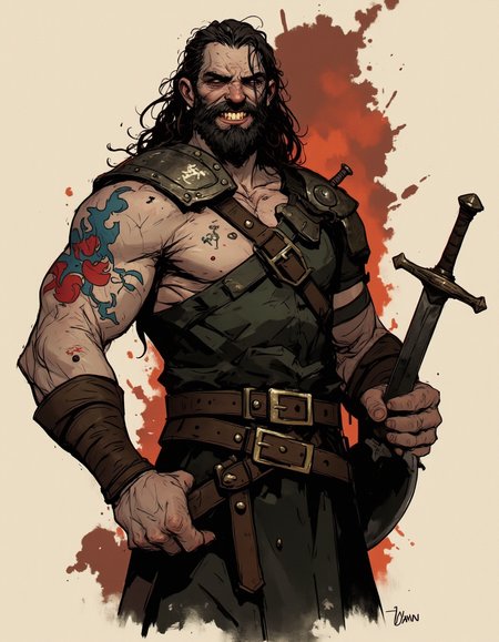 Ev Ganin style. A muscular man with long hair and a fierce expression on his face. He is holding a sword in his right hand and his left hand is resting on his hip. The man is wearing a traditional Celtic warriors outfit with a belt and a shield on his chest. He has tattoos on his arms and chest, including a red and blue design on his left arm. The background is a light beige color with splashes of red and brown. The overall style of the illustration is reminiscent of a warrior or warrior-like figure. <lora:Ev_Ganin:1.0>