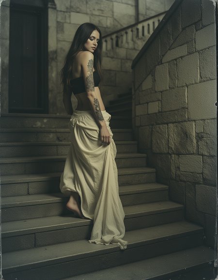faded photograph, analog style.
A burlesque macabre masterpiece in the style of Stefan Gesell. A full-body shot of a young, fit, slim, europen woman. She is barefoot. A photo-realistic shoot from a profile camera angle about a woman. Bokehmachine.
Full-length, shot of a young woman with very long, straight hair and pale skin. She has gothic tattoos on her legs and arms. She is barefoot. Perfect bare feet. Aroused facial expression.
A stylish and elegant woman walks gracefully on a set of worn stone stairs. She wears a flowing, floor-length skirt that drapes softly around her legs, its delicate fabric pooling slightly on the steps. Paired with a structured, form-fitting bustier, the outfit accentuates her slender waist, blending timeless sophistication with modern allure. Her posture is relaxed yet poised—one hand resting gently on her knee while the other brushes against the fabric of her skirt. The setting is atmospheric, with soft, diffused light casting gentle shadows, highlighting the texture of the stone steps and the contours of her outfit. Her expression is calm and introspective, adding to the quiet elegance of the scene.Her head tilts slightly back, lips parted, eyes half-closed in an expression of haunting serenity—part pain, part rapture.
The side lighting is harsh and sculptural, casting dramatic shadows that trace the contours of her body. The scene evokes a visceral sense of surrender, intimacy, and psychological exposure—sensual, surreal, and unmistakably gothic.