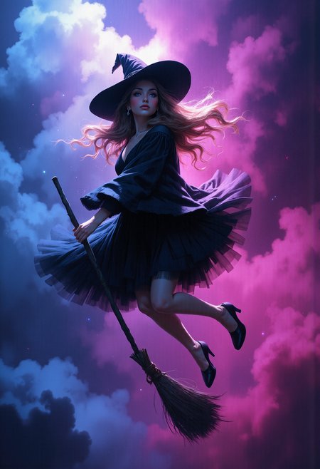 A witch flies through the air on a black broomstick, wearing a wide-brimmed black hat. She holds onto the broom with two hands. Her hair is long, wavy, light brown in colour with soft highlights. She is wearing a black dress with an airy tulle skirt that is slightly blurred in movement. Her legs are bent and her feet point downwards. The stage is lit with two-colour light: soft blue light on the left and warm magenta on the right, creating a mystical and dreamy atmosphere. The background is a gradient of smoky clouds going from pink to blue, giving depth to the image.  <lora:FluxMythP0rtr4itStyle:0.8> MythP0rt, <lora:aidmaMJ6.1-FLUX-V0.2:0.6> aidmaMJ6.1, <lora:sxz-Dark-Fantasy-v2-Flux:0.66> drkfnts style,