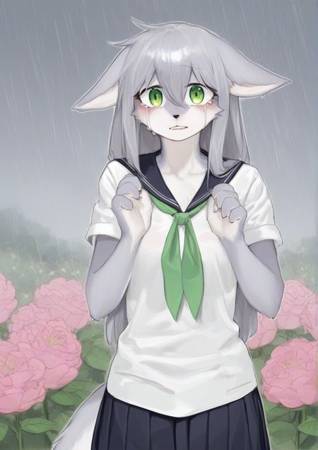 1girl, furry, furry female, black skirt, blouse, crying, crying with eyes open, flower, green eyes, grey hair, hair between eyes, hands up, hydrangea, long hair, looking at viewer, outdoors, parted lips, pleated skirt, rain, school uniform, serafuku, shirt, short sleeves, skirt, solo, standing, tears, white shirt, 
<lora:Yangmal_Jellyìë§ì ¤ë¦¬:1>
