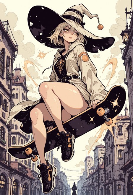 masterpiece, best quality, very aesthetic, detailed face, (dynamic:1.1), partial illumination, thick linework, illustration, 1girl, witch, (huge brimhat:1.1), mage, patched robes, streetwear, casting, platinum blonde hair, golden eyes, shadow, d41z3n, curvy, sitting on flying skateboard, city, spray paint, skater girl, fabric patches, teared clothes, 