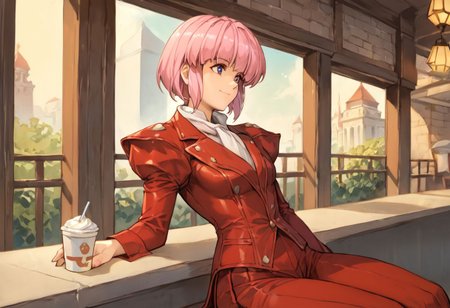 score_9, score_8_up, score_7_up, very aesthetic, source_anime, detailed, high quality, beautiful, masterpiece, detailed eyes,
<lora:lightXL:0.8>
city view, blurry background,
 <lora:action-sdxl-V0.5:1>zdyna_pose
dynamic angle, 
dynamic pose,
score_9, score_8_up, score_7_up <lora:diana-silverneil-000030:1> diana silverneil, gloves, long sleeves, pleated pants, red pants, puffy sleeves, red coat, 1girl, solo, Pink hair, outdoors, cafe, light smile, sitting,(((lustrous skin:1.5,bright skin: 1.5,skin,shiny skin,very shiny skin,shiny body,plastic glitter skin,exaggerated shiny skin,illuminated skin))),(detailed body,(detailed face)),