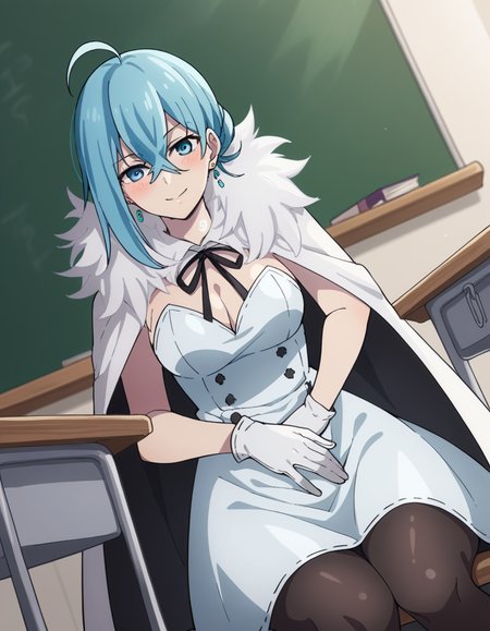 score_9, score_8_up, score_7_up, source_anime, <lora:vivy-s1-ponyxl-lora-nochekaiser:1>, vivy, blue hair, blue eyes, crossed bangs, ahoge, hair between eyes, medium breasts,, cape, fur trim, dress, white dress, cleavage, ribbon, thighhighs, gloves, jewelry, pantyhose, earrings, white gloves,, classroom, chalkboard, daytime, studying, sitting, chair, desk, smile, hand on stomach, blush,, looking at viewer, solo,, dutch angle, cowboy shot