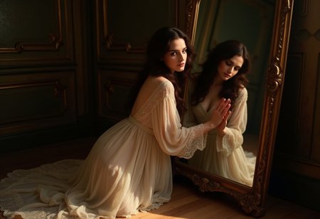 n an opulent yet shadowed vintage room, a strikingly elegant woman is captured in a blend of mystery and allure. The lighting is soft but deliberate, casting golden highlights across her figure while delicate shadows dance around her. She’s adorned in a flowing, vintage lace robe that subtly reveals and conceals her form, pooling on the floor around her, blending with the rich textures of the antique room. Her expression is enigmatic, her eyes half-closed in quiet introspection, adding a sense of intimacy to the moment. Loose, waves of hair frame her face as her hand rests gently on an ornate mirror, creating a surreal reflection that hints at hidden layers of her character. The atmosphere is rich, cinematic, and reminiscent of the romantic paintings of the 19th century, capturing beauty, elegance, and the essence of timeless sensuality.