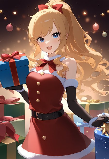 1girl,
ohtsuki yui,


solo, looking at viewer, blush, christmas ornaments, smile, long hair, ponytail, belt, elbow gloves, black belt, short dress, star ornament, red bowtie, blue eyes, christmas lights, gift box, christmas present, santa costume, holding gift, red dress, open mouth, fur trim, santa dress, red bow, blonde hair, dress, bow, fur-trimmed dress, cowboy shot, box, gift, fur-trimmed gloves, sidelocks, holding, wavy hair, bare shoulders, gloves, bowtie,

sfw
<lora:a31_char_new_ohtsuki_yui:1> <lora:a31_style_koni-000010:0.8>