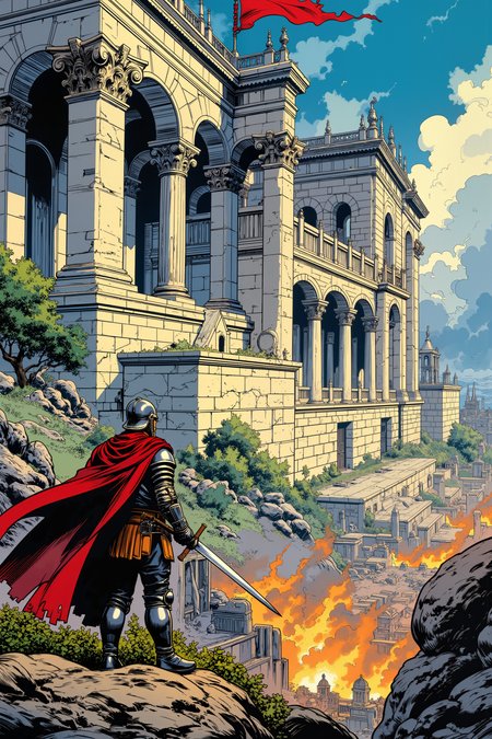 A grand palace, once a symbol of unshakable power, now stands in ruins, its once-pristine marble columns crumbling under the weight of time and war. The imperial banner, tattered and torn, flutters weakly in the wind as a lone warrior in battered armor surveys the aftermath of battle. In the valley below, abandoned cities burn as the last remnants of a once-great civilization scatter into the wilderness. The sky, filled with ominous storm clouds, reflects the fading light of a fallen era.,meiman_style,This is a retro comic book style digital illustration,  <lora:meimanstylev2:0.4><lora:Vintage comic book:0.4><lora:RetroAnimeFluxV1:0.15><lora:Greg_Capullo_style:0.4><lora:jeanClaude_Mzires_Style_FLUX-000001:0.4><lora:Flux_Ink_Anime:0.4>