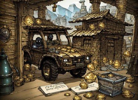 concept art,  a ((car)) ((hood opened)), inside a bunch of gold coins and a happy ninja boy, throwing gold coins,  old town background Cliff Childs, league of legends concept art, a storybook illustration,