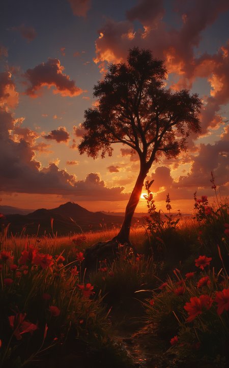 A breathtaking sunset during the golden hour, where the sky is a masterpiece of warm, glowing colors. The sun hangs low on the horizon, casting a golden light that bathes the landscape in a soft, radiant glow. Shades of orange, pink, and purple blend seamlessly, creating a stunning gradient that stretches across the sky.

In the foreground, the silhouette of a lone tree stands tall, its branches reaching toward the heavens. The grass and flowers below are painted in rich, warm tones, their colors intensified by the golden light. As the sun dips lower, the first hints of darkness creep in from the edges of the scene, with deep blues and purples beginning to dominate the sky.

Every detail—from the texture of the tree’s bark to the vibrant colors of the sunset and the gradual encroachment of darkness—is rendered in hyper-realistic detail. This image captures the fleeting beauty of the golden hour, as day transitions into night in a serene and awe-inspiring moment."