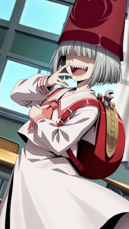 source_anime, general, best quality, masterpiece, 1girl, <lora:Bebedora_ill:1> bebedora\(arkthelad\),grey hair, sharp teeth, no eyes, short hair,red hat, serafuku , sailor collar,  backpack,dynamic pose, dutch angle, laughing, classroom,
